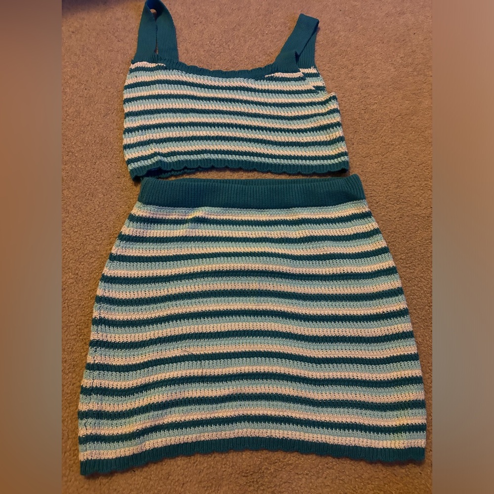 Wild Fable Striped Crochet Cropped Sweater Skirt Set